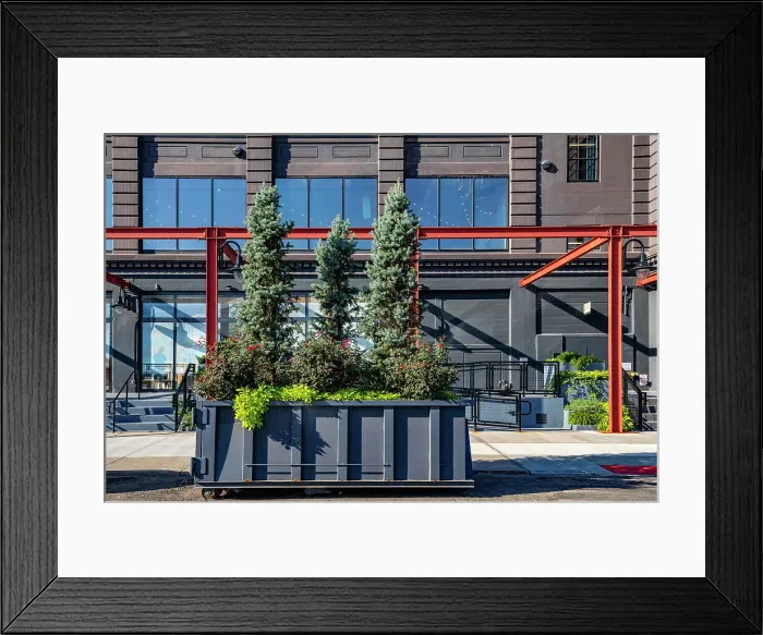 Framed Print : New York City, Brooklyn, Sunset Park neighborhood, Industry City, historic intermodal shipping, warehousing, and manufacturing complex, repurposed dumpster with trees Framed Print : New York City, Brooklyn, Sunset Park neighborhood, Industry City, historic intermodal shipping, warehousing, and manufacturing complex, repurposed dumpster with trees