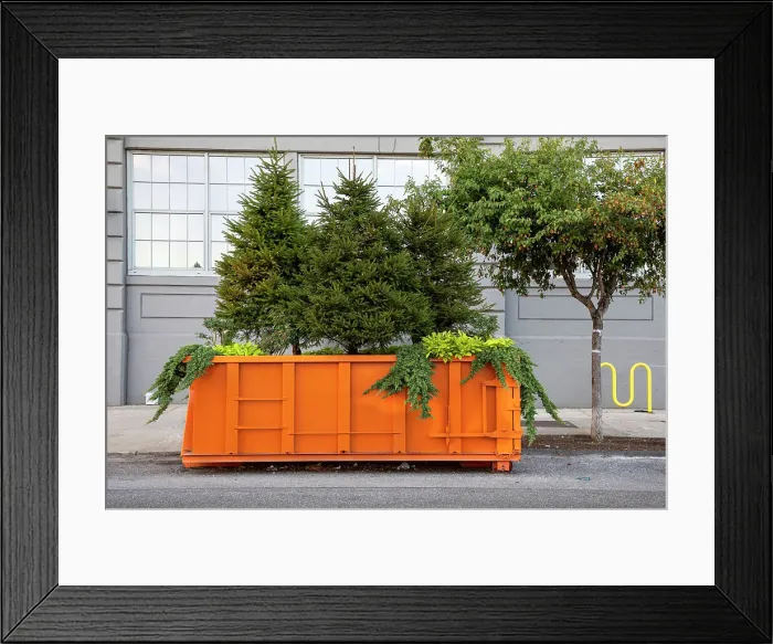 Framed Print : New York City, Brooklyn, Sunset Park neighborhood, Industry City, historic intermodal shipping, warehousing, and manufacturing complex, repurposed dumpster with trees