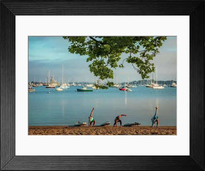 Framed Print : Rhode Island, Newport, marina, people stretching before swimming