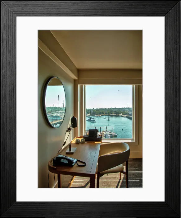 Framed Print : Rhode Island, Newport, hotel room with views of marina Framed Print : Rhode Island, Newport, hotel room with views of marina