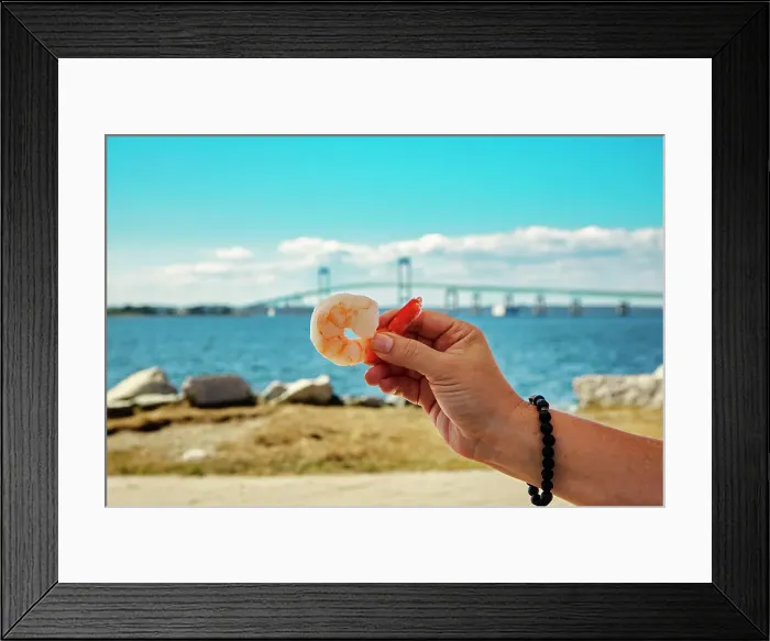 Framed Print : Rhode Island, Newport, Seafood at the Bowens Wharf with Claiborne Pell Bridge in the background Framed Print : Rhode Island, Newport, Seafood at the Bowens Wharf with Claiborne Pell Bridge in the background