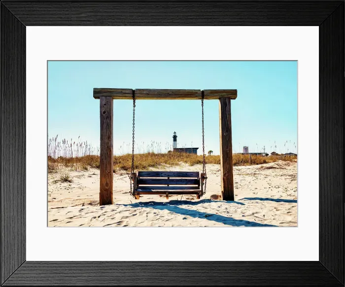Framed Print : Georgia, Tybee Island, North Beach, wooden swing, Tybee lighthouse in background Framed Print : Georgia, Tybee Island, North Beach, wooden swing, Tybee lighthouse in background