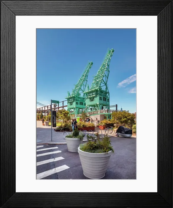 Framed Print : New York City, Brooklyn, Domino Park, Williamsburg neighborhood, Gantry Cranes and street scene Framed Print : New York City, Brooklyn, Domino Park, Williamsburg neighborhood, Gantry Cranes and street scene