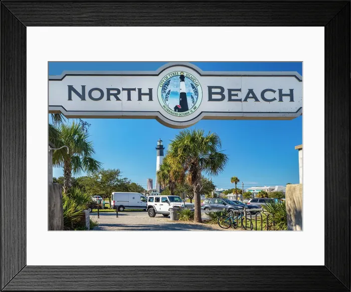 Framed Print : Georgia, Tybee Island, North Beach sign with Tybee Lighthouse in back Framed Print : Georgia, Tybee Island, North Beach sign with Tybee Lighthouse in back