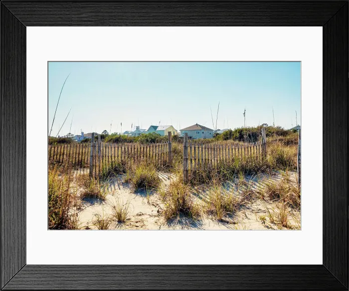 Framed Print : Georgia, Tybee Island, waterfront homes wooden fence and sand dunes Framed Print : Georgia, Tybee Island, waterfront homes wooden fence and sand dunes