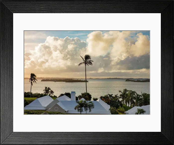 Framed Print : Bermuda, sweeping views of Hamilton Harbor and the Great Sound with iconic white rooftops in the foreground Framed Print : Bermuda, sweeping views of Hamilton Harbor and the Great Sound with iconic white rooftops in the foreground