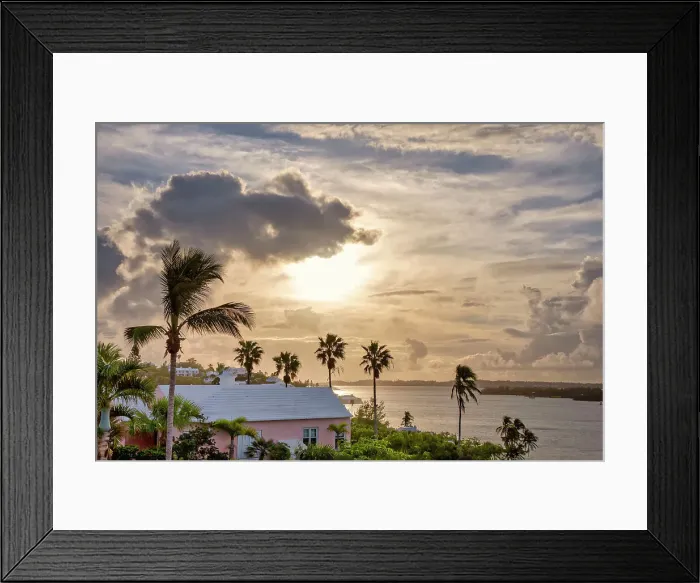Framed Print : Bermuda, View to Harbor and Great Sound against golden sky Framed Print : Bermuda, View to Harbor and Great Sound against golden sky