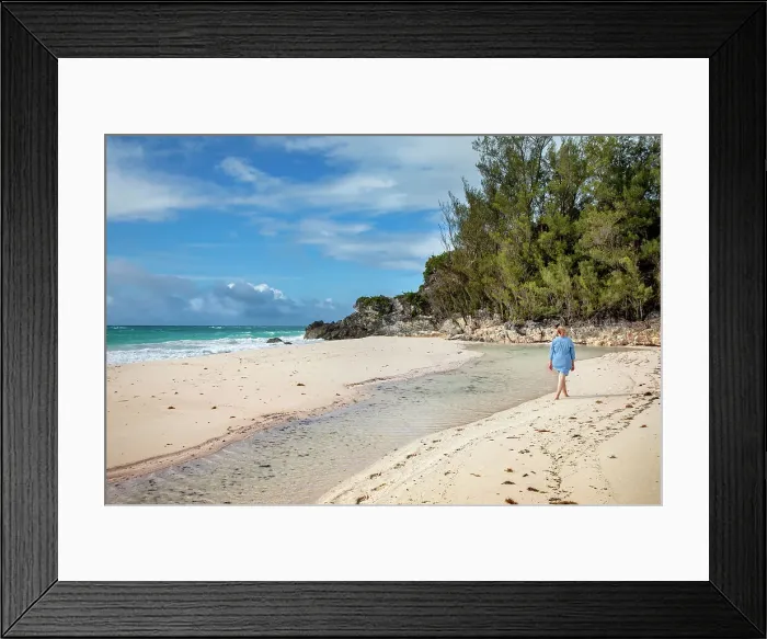 Framed Print : Bermuda, private beach at Rosewood Bermuda Hotel, Woman doing walking meditation