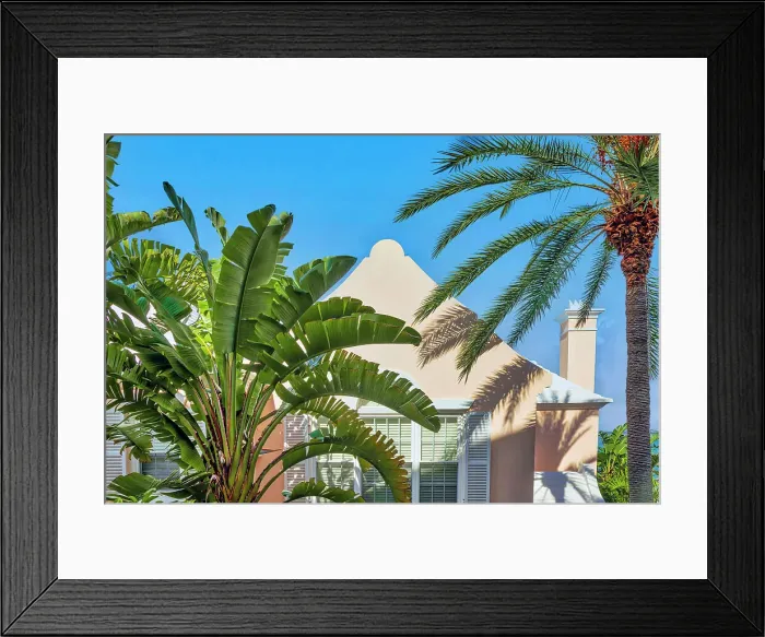 Framed Print : Bermuda, Rosewood Bermuda Hotel grounds and palm trees in front of building facade Framed Print : Bermuda, Rosewood Bermuda Hotel grounds and palm trees in front of building facade