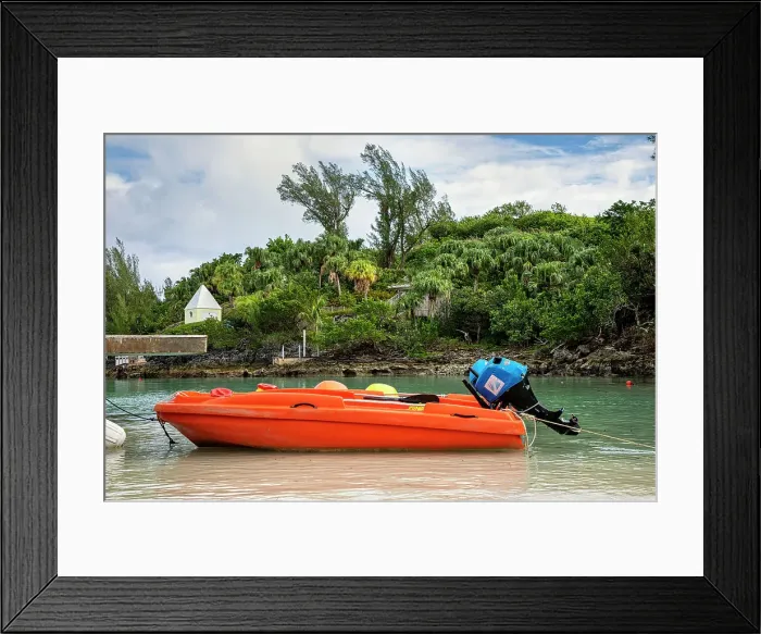 Framed Print : Bermuda, Orange motor boat moored on beach Framed Print : Bermuda, Orange motor boat moored on beach