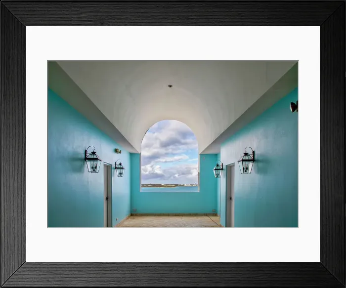 Framed Print : Bermuda, Room with cerulean walls and window with view of Castle Harbor Framed Print : Bermuda, Room with cerulean walls and window with view of Castle Harbor