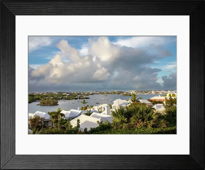 Framed Print : Bermuda, View to Harbor and Great Sound, and buildings with iconic white rooftops Framed Print : Bermuda, View to Harbor and Great Sound, and buildings with iconic white rooftops