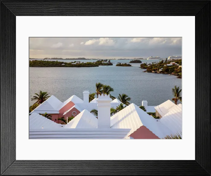 Framed Print : Bermuda, View to Harbor and Great Sound, and buildings with iconic white rooftops Framed Print : Bermuda, View to Harbor and Great Sound, and buildings with iconic white rooftops