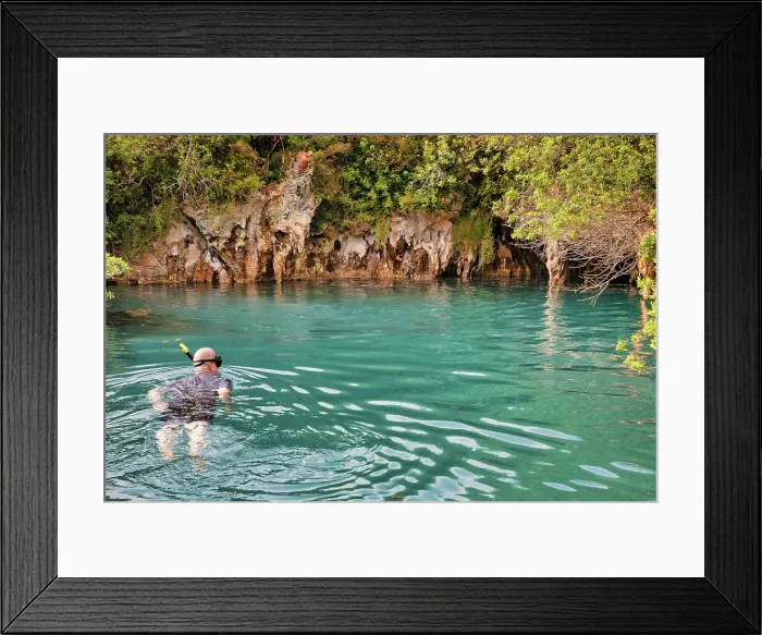 Framed Print : Bermuda, Blue Hole Park, Man snorkeling in aquamarine swimming hole Framed Print : Bermuda, Blue Hole Park, Man snorkeling in aquamarine swimming hole