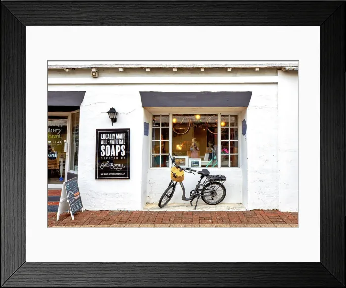 Framed Print : Bermuda, Saint George, Salt Spray Soap Company, bicycle at store window Framed Print : Bermuda, Saint George, Salt Spray Soap Company, bicycle at store window