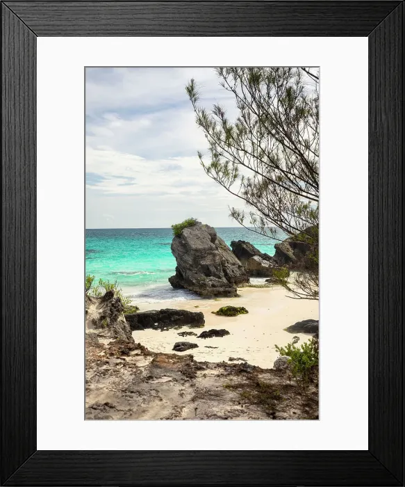 Framed Print : Bermuda, South Road, Warwick, Astwood Cove Beach with large boulders and aquamarine water Framed Print : Bermuda, South Road, Warwick, Astwood Cove Beach with large boulders and aquamarine water