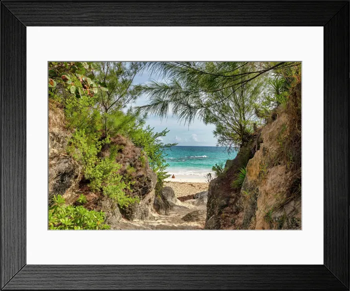 Framed Print : Bermuda, South Shore, Path with view of Woman enjoying aquamarine water washing over her Framed Print : Bermuda, South Shore, Path with view of Woman enjoying aquamarine water washing over her