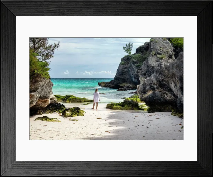 Framed Print : Bermuda, Horseshoe Beach, Woman enjoying secluded beach with aquamarine waters Framed Print : Bermuda, Horseshoe Beach, Woman enjoying secluded beach with aquamarine waters