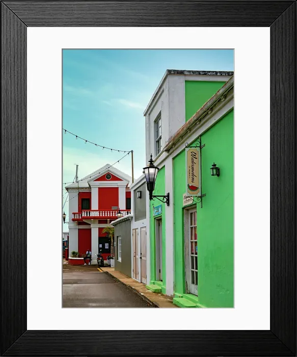 Framed Print : Bermuda, Saint George, King Street, Typical architecture, And Town Hall in the background Framed Print : Bermuda, Saint George, King Street, Typical architecture, And Town Hall in the background