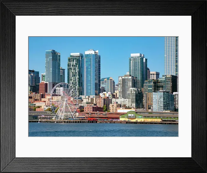 Framed Print : Washington State, Seattle, Seattle Great Wheel over Elliott Bay with skyline Framed Print : Washington State, Seattle, Seattle Great Wheel over Elliott Bay with skyline