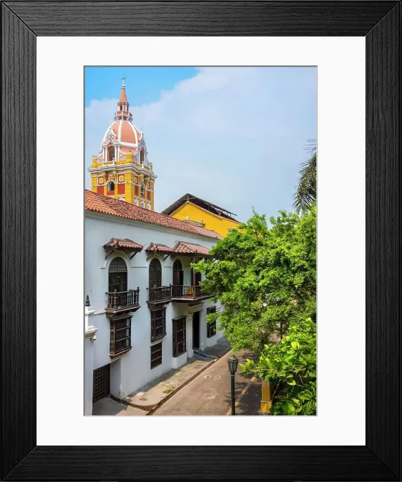 Framed Print : Colombia, Cartagena, typical colonial facade, with Cathedral dome in back, UNESCO World Heritage site Framed Print : Colombia, Cartagena, typical colonial facade, with Cathedral dome in back, UNESCO World Heritage site