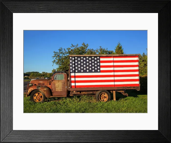 Framed Print : New York, Long Island, Peconic, rusty truck with American flag on side of road Framed Print : New York, Long Island, Peconic, rusty truck with American flag on side of road