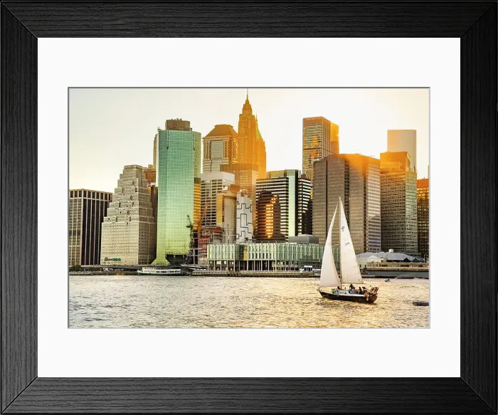 Framed Print : New York City, Lower Manhattan financial district and sailboat viewed from Brooklyn