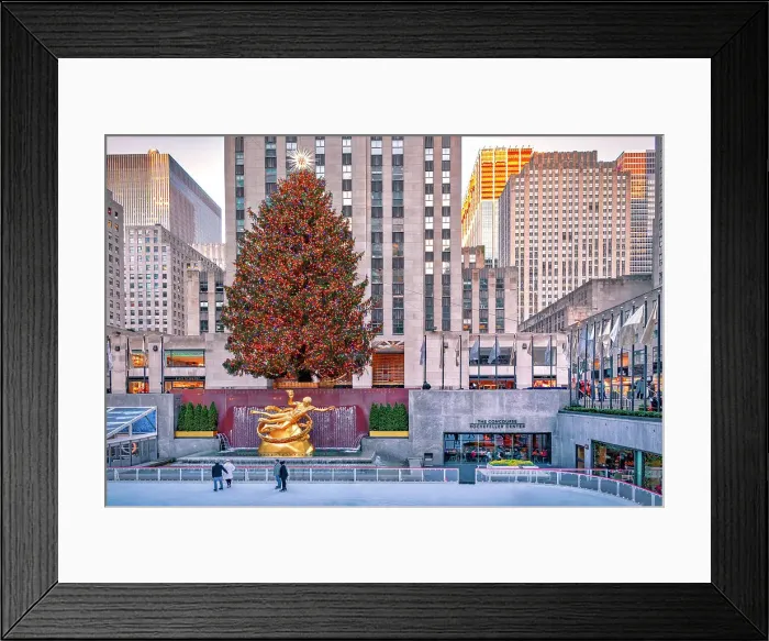Framed Print : NYC, Rockefeller Center, Ice Rink with skaters, Prometheus sculpture Framed Print : NYC, Rockefeller Center, Ice Rink with skaters, Prometheus sculpture