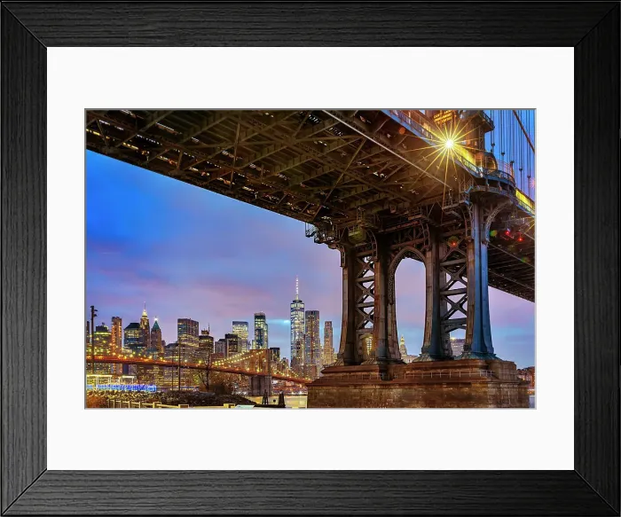 Framed Print : New York City, East River, Brooklyn, Dumbo, Manhattan Bridge, Brooklyn Bridge and Freedom Tower in background Framed Print : New York City, East River, Brooklyn, Dumbo, Manhattan Bridge, Brooklyn Bridge and Freedom Tower in background