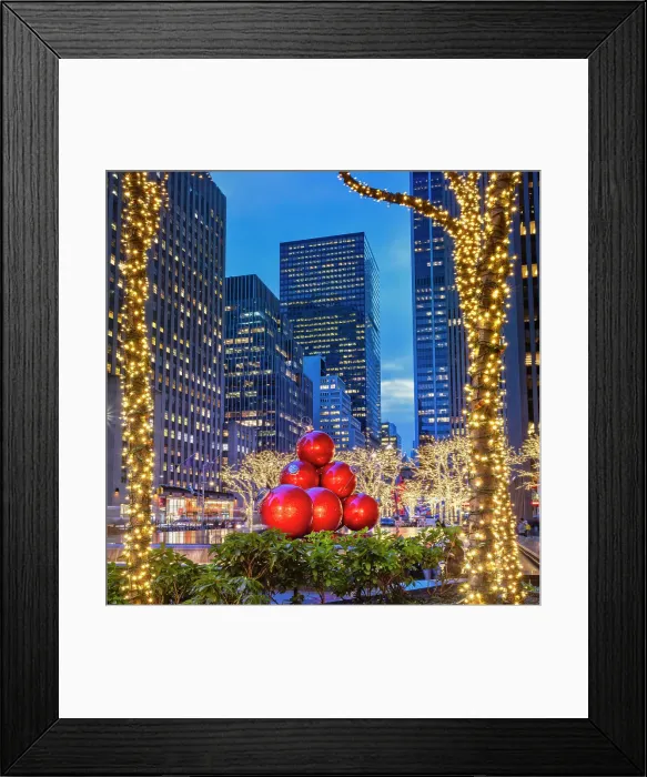 Framed Print : New York City, Manhattan, Midtown, Rockefeller Center, fountain with large red Christmas ball ornaments