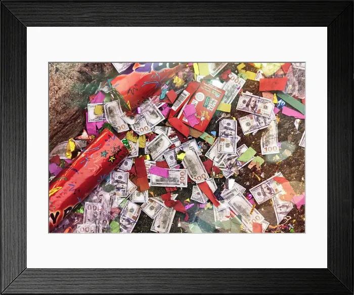 Framed Print : New York, New York City, Chinatown, money, souvenirs and paper on street from parade Framed Print : New York, New York City, Chinatown, money, souvenirs and paper on street from parade