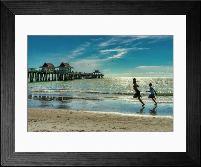 Framed Print : Florida, Naples, Fishing Pier, kids running on the beach Framed Print : Florida, Naples, Fishing Pier, kids running on the beach
