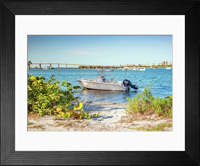 Framed Print : Florida, Palm Beach County, Peanut Island, Motor boat near beach with Blue Heron Bridge Framed Print : Florida, Palm Beach County, Peanut Island, Motor boat near beach with Blue Heron Bridge