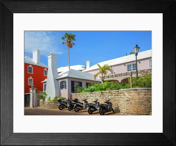Framed Print : Bermuda, St George, Water Street, street scene, scooters Framed Print : Bermuda, St George, Water Street, street scene, scooters