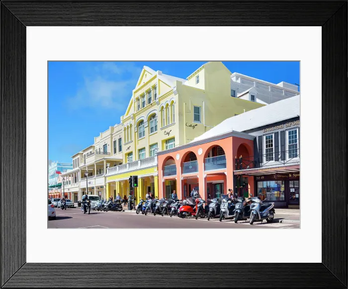 Framed Print : Bermuda, Hamilton, Front street, colonial buildings, street scene Framed Print : Bermuda, Hamilton, Front street, colonial buildings, street scene