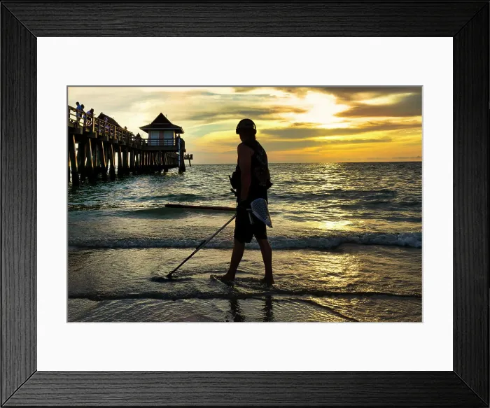 Framed Print : Florida, Naples, Fishing Pier, beachcombing with metal detector Framed Print : Florida, Naples, Fishing Pier, beachcombing with metal detector