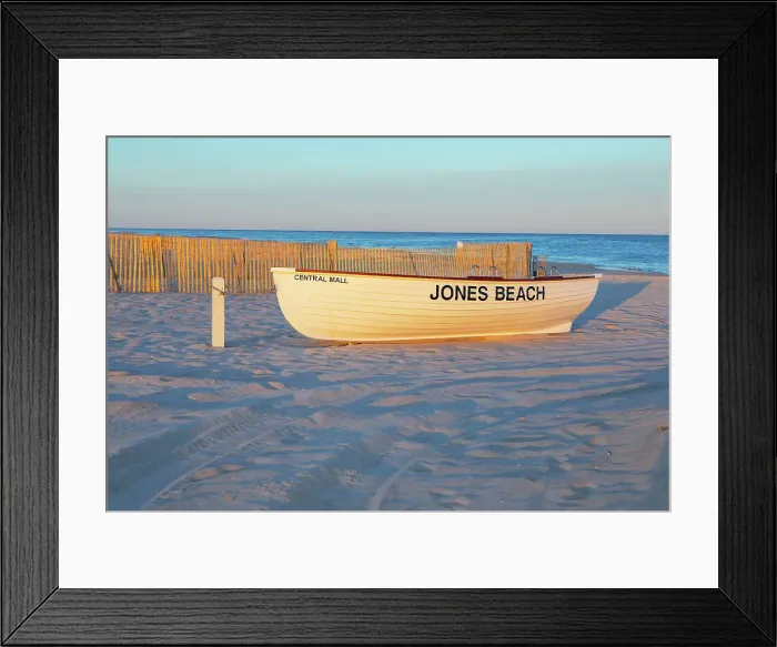 Framed Print : New York, Long Island, Jones Beach, Wooden Boat at sunset
