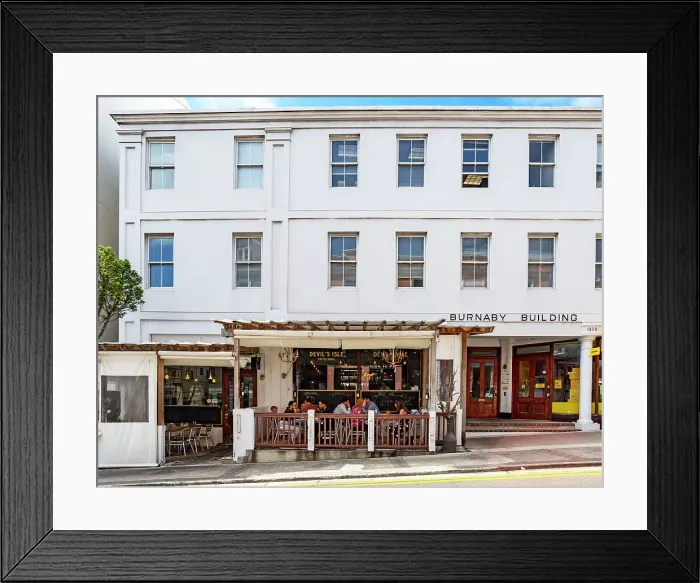 Framed Print : Bermuda, Hamilton, Burnaby Street, Burnaby Building, Devil's Isle Cafe Framed Print : Bermuda, Hamilton, Burnaby Street, Burnaby Building, Devil's Isle Cafe