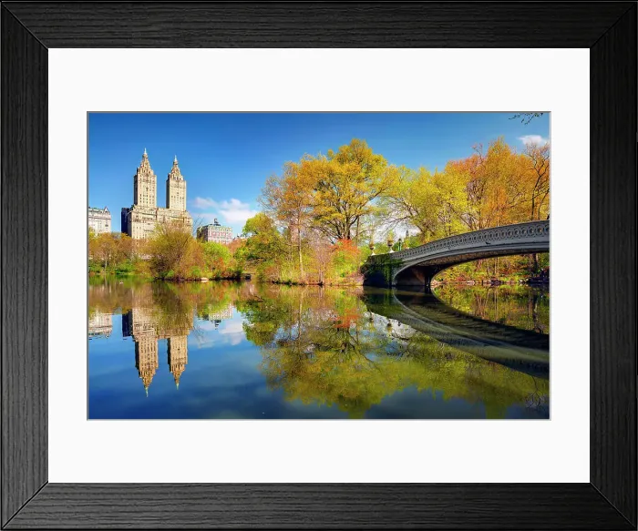 Framed Print : New York City, Manhattan, Central Park, View across The Lake towards San Remo Building, Bow Bridge Framed Print : New York City, Manhattan, Central Park, View across The Lake towards San Remo Building, Bow Bridge