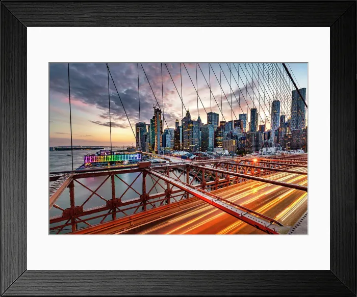 Framed Print : New York City, Brooklyn Bridge, Lower Manhattan views seen through suspension wire Framed Print : New York City, Brooklyn Bridge, Lower Manhattan views seen through suspension wire