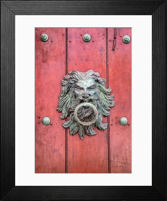 Framed Print : Colombia, Cartagena, door knocker in the shape of a lion Framed Print : Colombia, Cartagena, door knocker in the shape of a lion