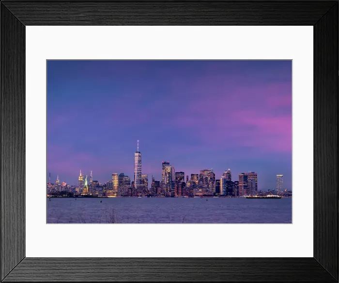 Framed Print : New York, New York City, Lower Manhattan Skyline with Statue of Liberty, night Framed Print : New York, New York City, Lower Manhattan Skyline with Statue of Liberty, night