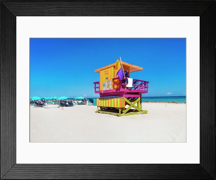 Framed Print : Florida, Miami, South Beach, colorful lifeguard station at South Miami Beach