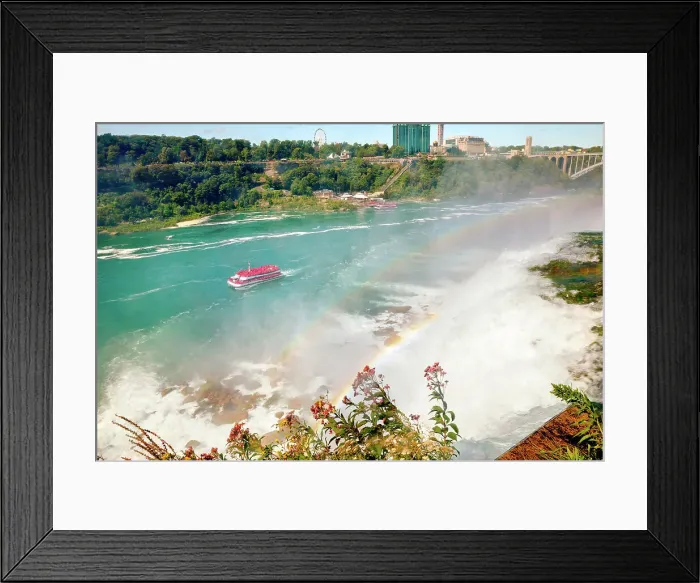 Framed Print : New York, Niagara, Canadian Side of Niagara and Tourist Boat going into waterfalls