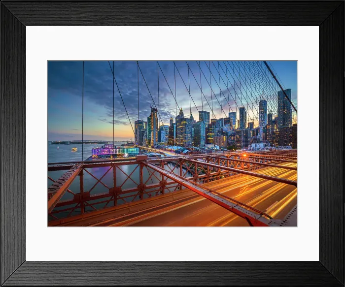 Framed Print : New York City, Brooklyn Bridge, Lower Manhattan views seen through suspension wire