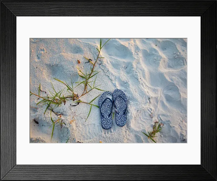 Framed Print : Florida, Saint Petersburg Beach, flip flops on sand Framed Print : Florida, Saint Petersburg Beach, flip flops on sand