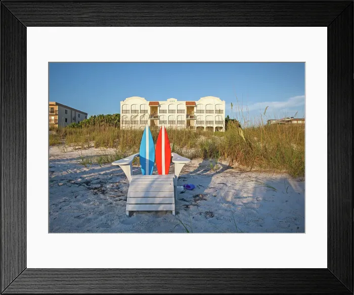 Framed Print : Florida, Saint Petersburg Beach, adirondack chair in front of beachfront home Framed Print : Florida, Saint Petersburg Beach, adirondack chair in front of beachfront home