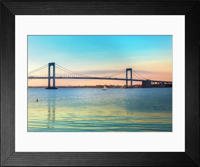Framed Print : New York City, Throggs Neck Bridge taken from Queens at sunset, connects the boroughs of Queens and the Bronx Framed Print : New York City, Throggs Neck Bridge taken from Queens at sunset, connects the boroughs of Queens and the Bronx