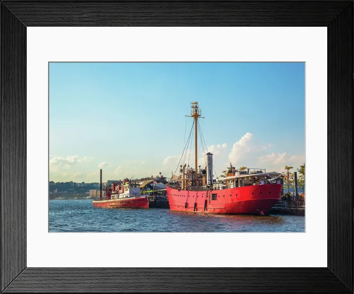 Framed Print : New York City, Brooklyn, Pier 66 Maritime, the Lightship Frying Pan Bar & Grill and the John J. Harvey fireboat Framed Print : New York City, Brooklyn, Pier 66 Maritime, the Lightship Frying Pan Bar & Grill and the John J. Harvey fireboat