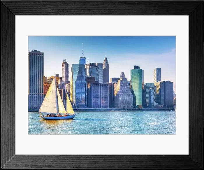 Framed Print : New York City, Lower Manhattan skyline with sailboat, seen from Pier 2 in Brooklyn Framed Print : New York City, Lower Manhattan skyline with sailboat, seen from Pier 2 in Brooklyn